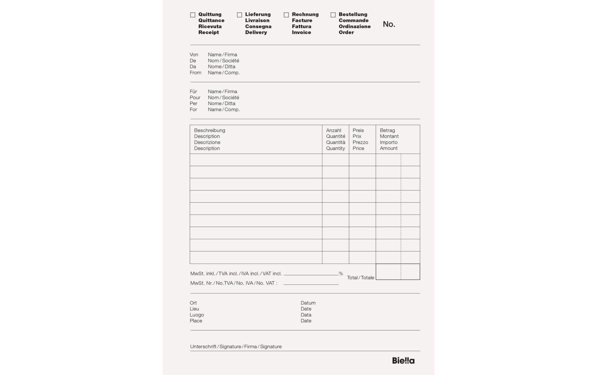 Biella Formularblock – mehrsprachig, 50 Blatt, A5