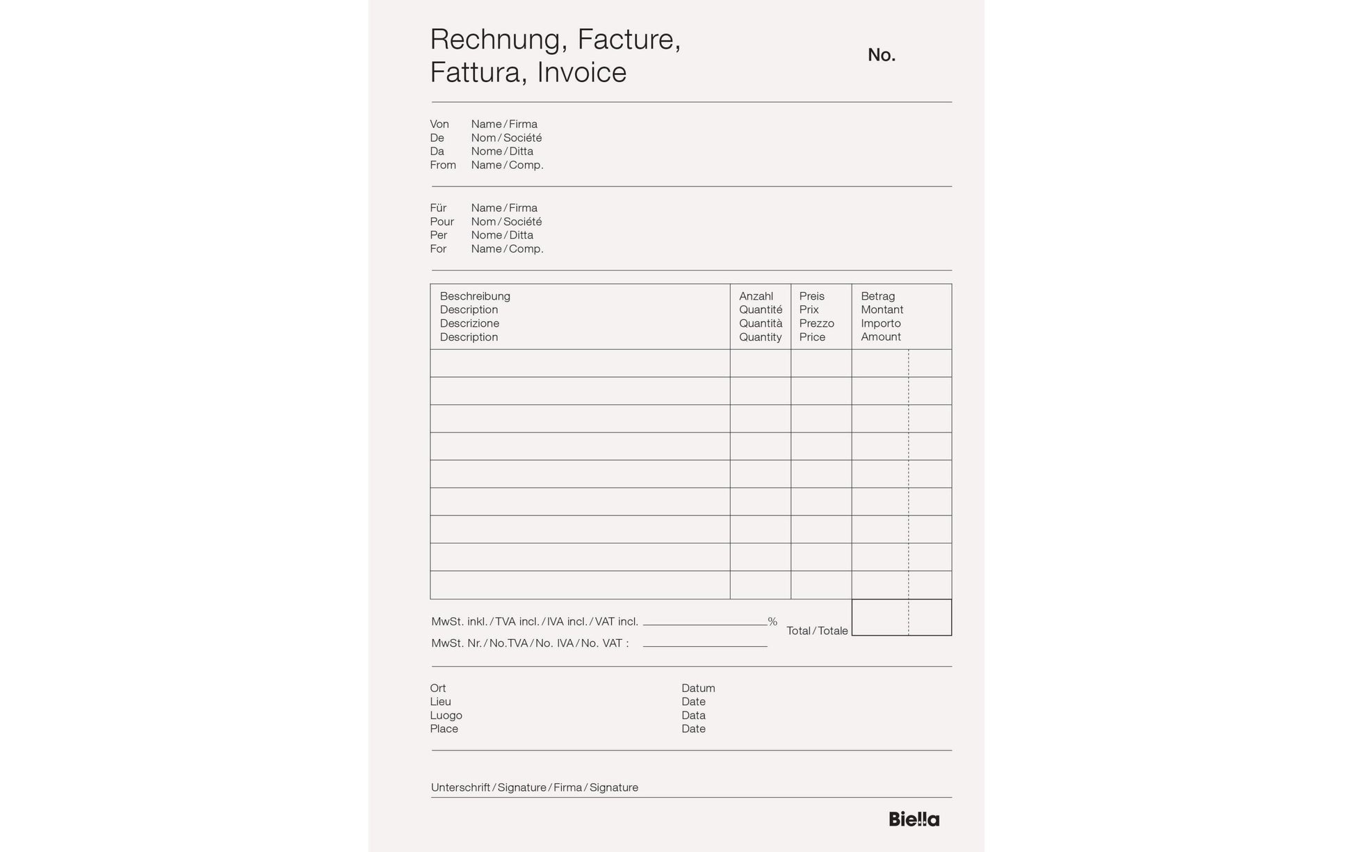 Biella Formularblock – Rechnung, mehrsprachig, 50 Blatt, A5