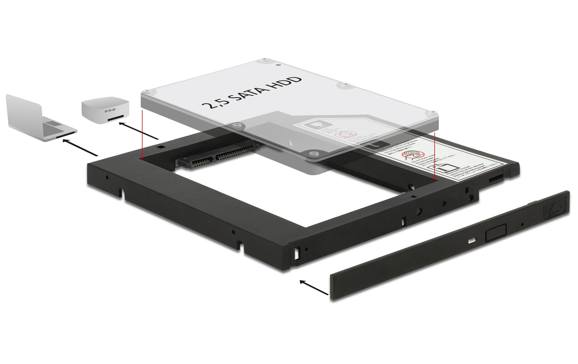 Delock 62669 Einbaurahmen 1× 2,5" in Slim-5,25", SATA mit Strom, Slim-SATA – für Slim-5,25", Schwarz