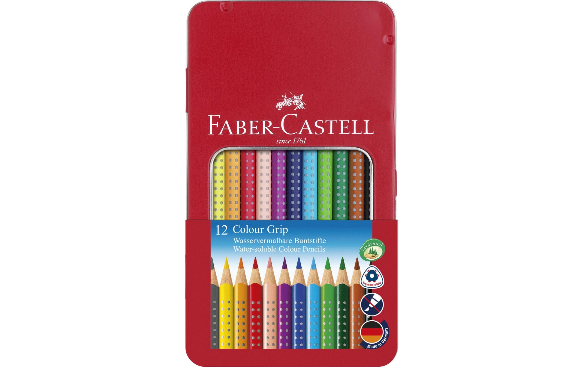 Faber-Castell Aquarellfarbstifte Colour Grip 2001 – 12 Farben, im Metalletui, Ø 3 mm, dreikantig, FSC