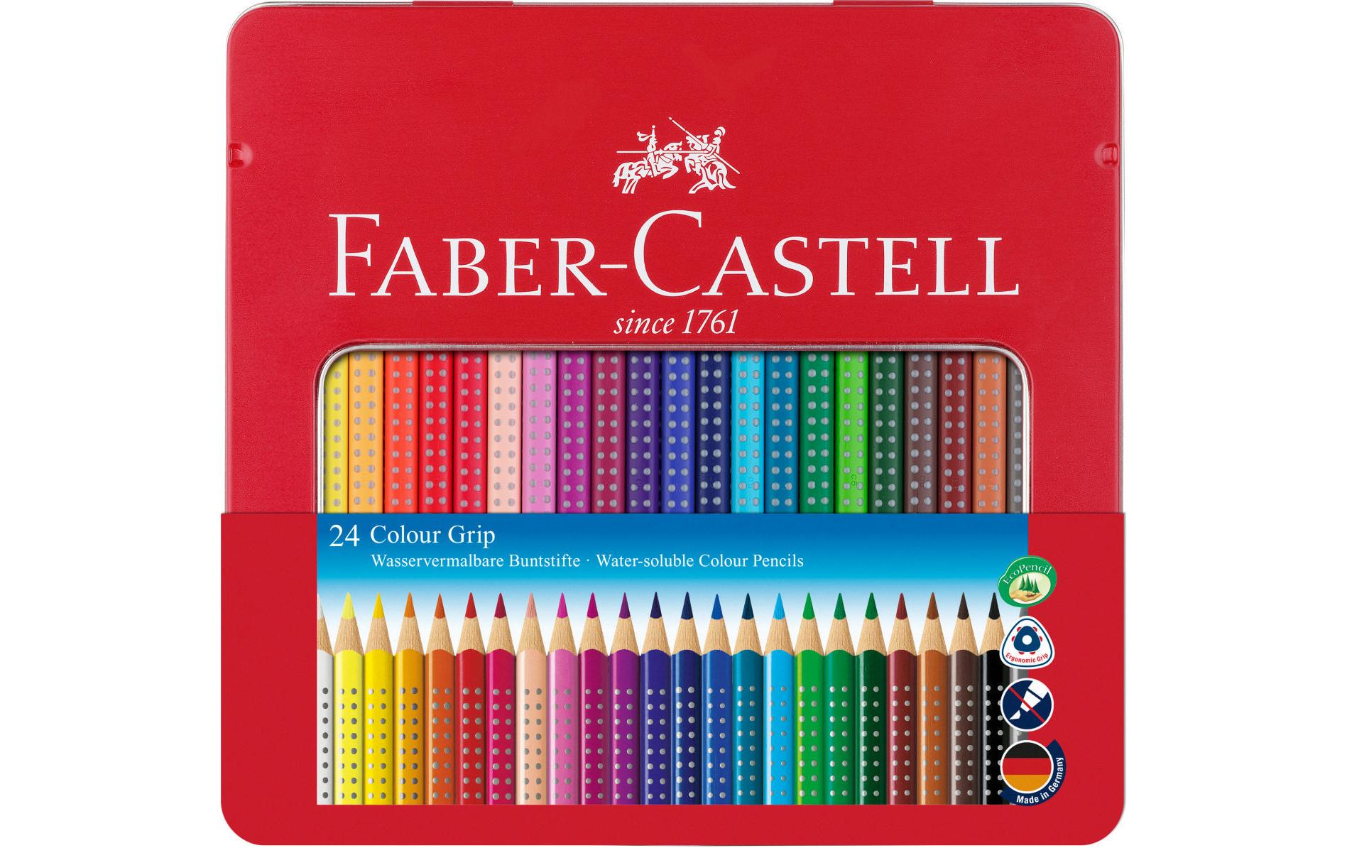 Faber-Castell Aquarellfarbstifte Colour Grip 2001 – 24 Farben, im Metalletui, Ø 3 mm, dreikantig, FSC