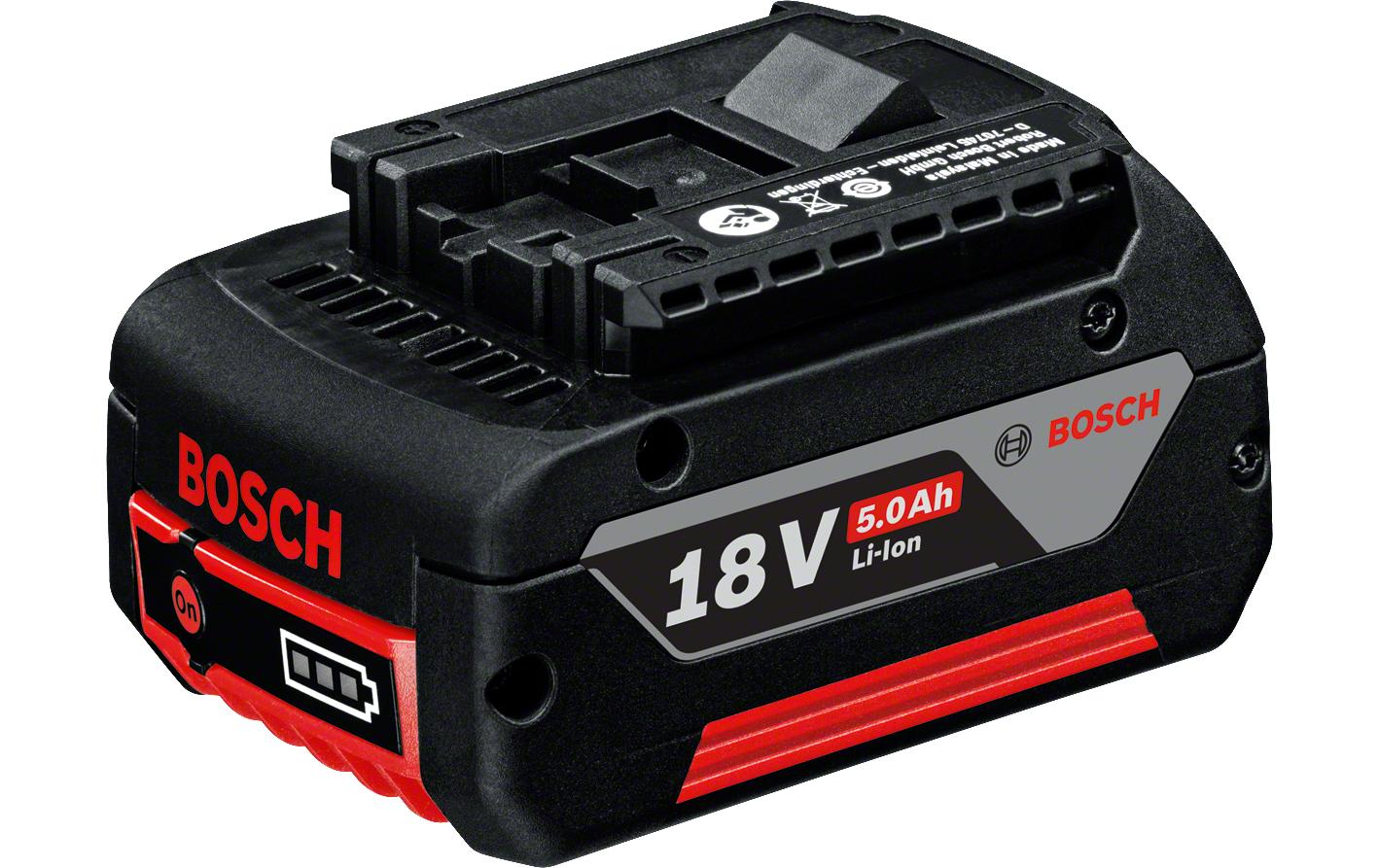 Bosch Professioneller GBA Akku 18 V 5,0 Ah (90 Wh) – mit Batteriestandsanzeige – für AMPShare 18 V