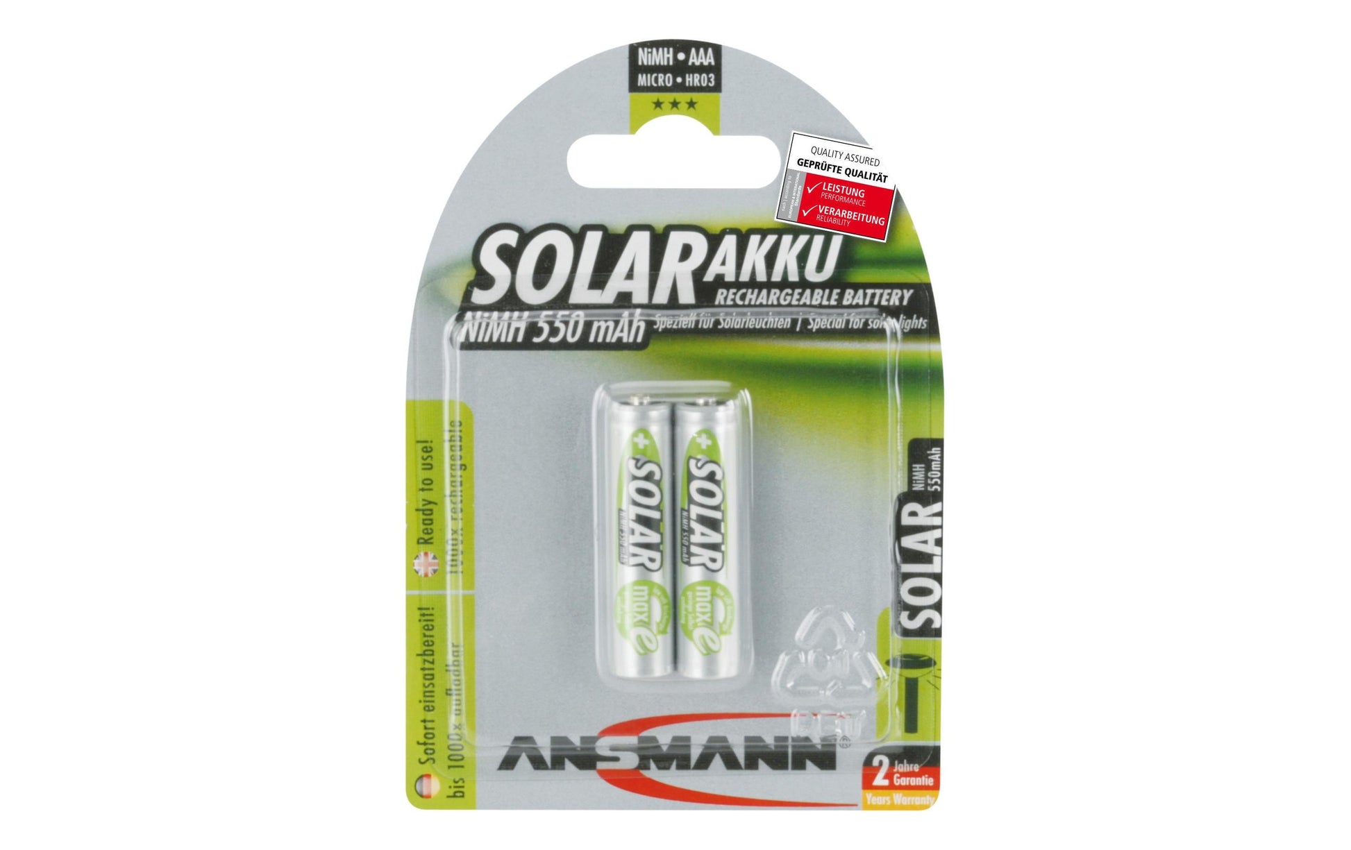 Ansmann AAA Akkus, Nickel-Metallhydrid (NiMH), 550 mAh, 1,2 V – 2 Stk.