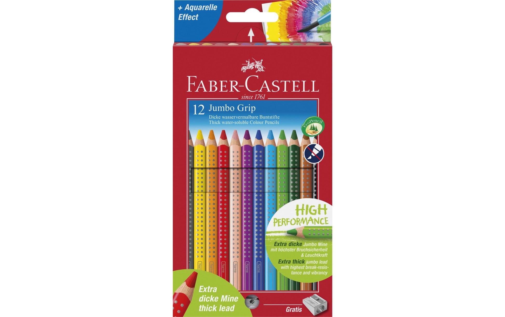 Faber-Castell Aquarellfarbstifte Jumbo Grip – 12 Farben, im Kartonetui, Ø 5,3 mm, dreikantig, FSC