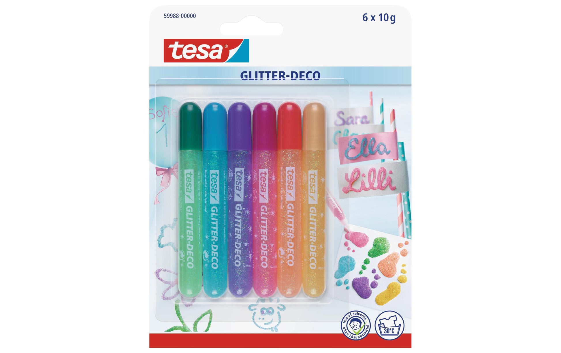 TESA Glitzerkleber Candy Colors – farbig sortiert – Set 6 × 10 g – auswaschbar, lösungsmittelfrei