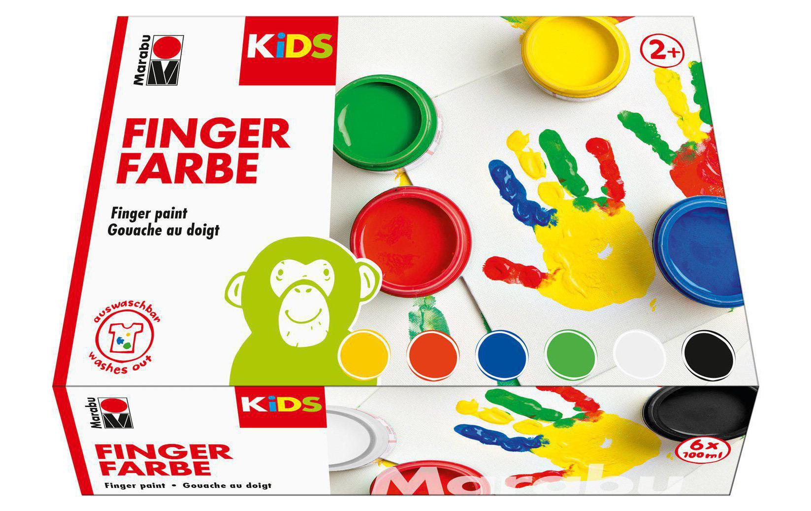 Marabu KiDS Fingerfarben – Schwarz, Blau, Grün, Rot, Weiss, Gelb – 6 Farben, 6×100 ml (600 ml)