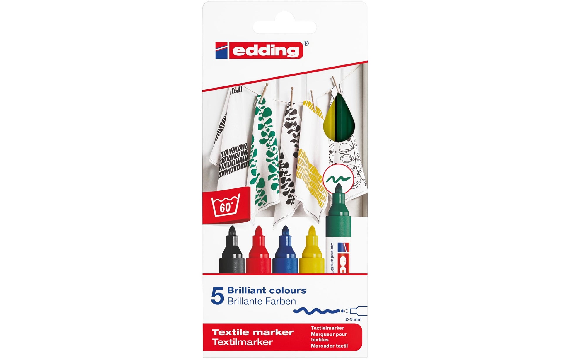 Edding Textilmarker für Textilien – sortiert (schwarz, rot, blau, gelb, grün)