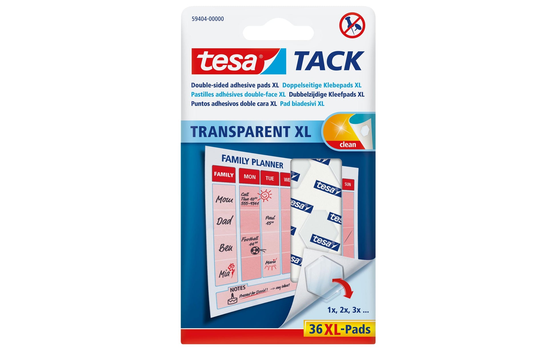 TESA TACK Doppelseitige Klebepads – wiederablösbar, transparent, wiederverwendbar, 36 Stk., für Papier, leicht