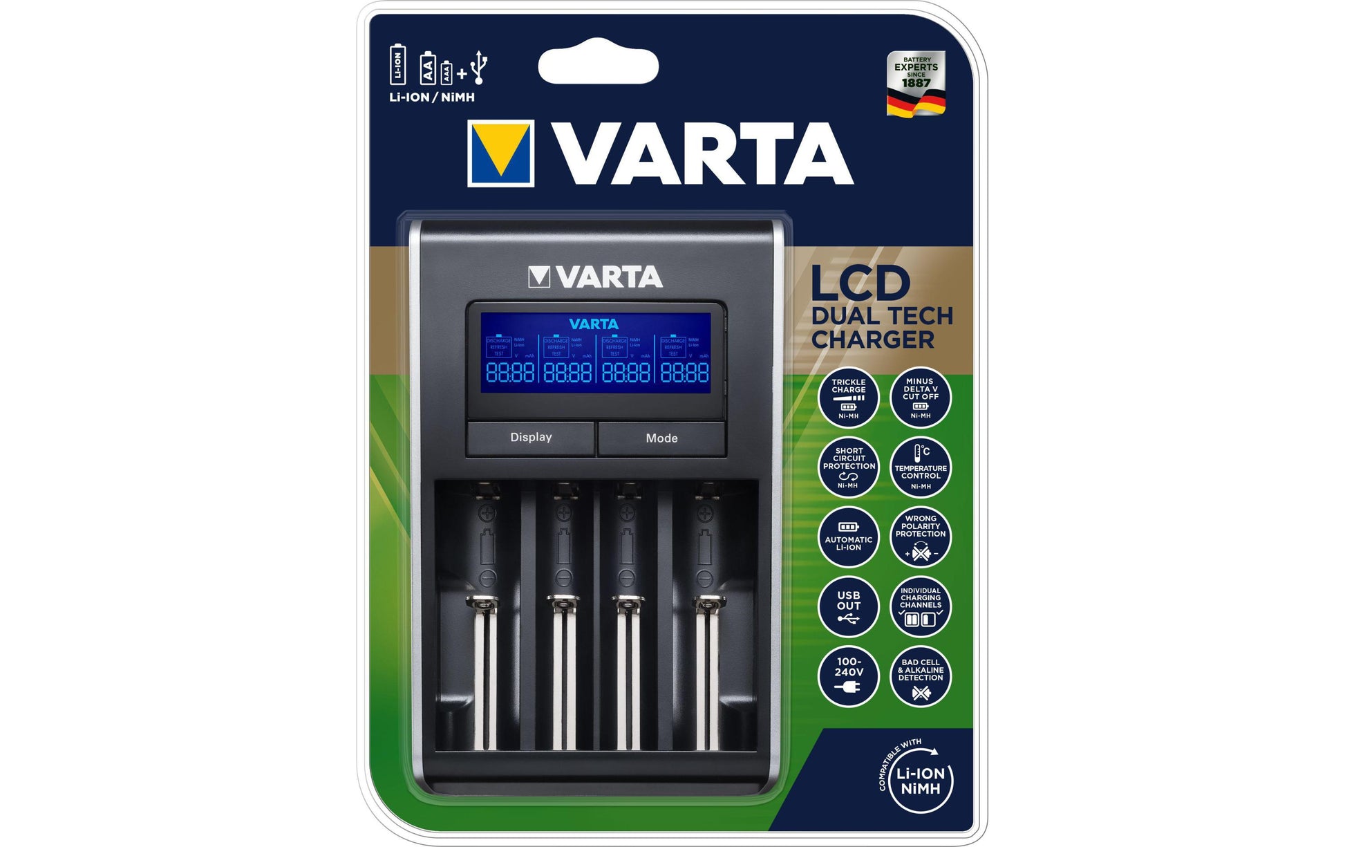 Varta LCD Dual Tech Charger Batterieladegerät 4× – für AA/AAA (Li‑Ion, NiMH) – LCD, USB‑A×1 5V/1A