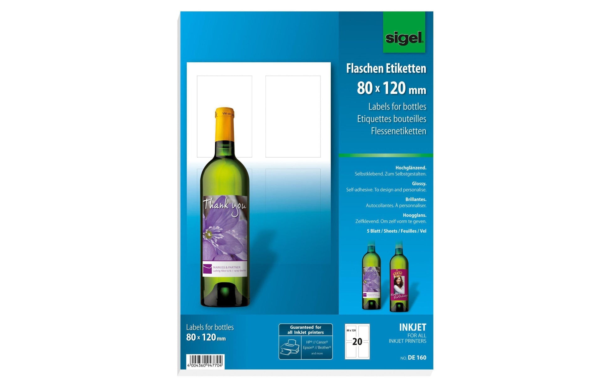 Sigel Drucketiketten, 80 mm × 120 mm, weiss, Papier, permanent, 20 Etiketten (5 Blatt)