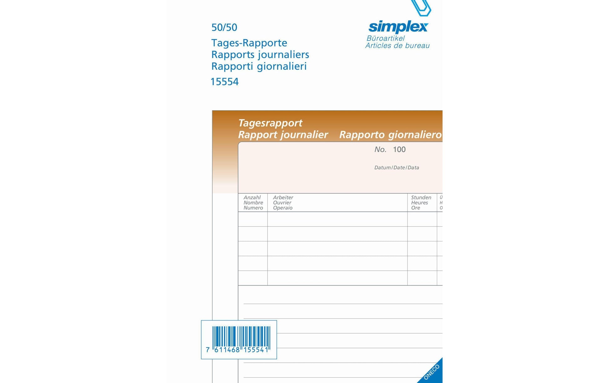 Simplex Formularblock – Tages-Rapporte, mehrsprachig, 50 Blatt, A5