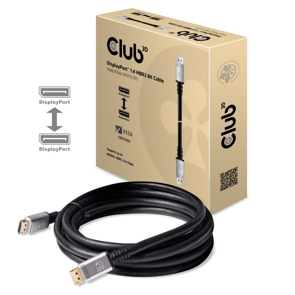 CLUB3D Club 3D DisplayPort Kabel DP 1.4 8K 60 Hz – 4 m – verriegelbar – Schwarz/Silber