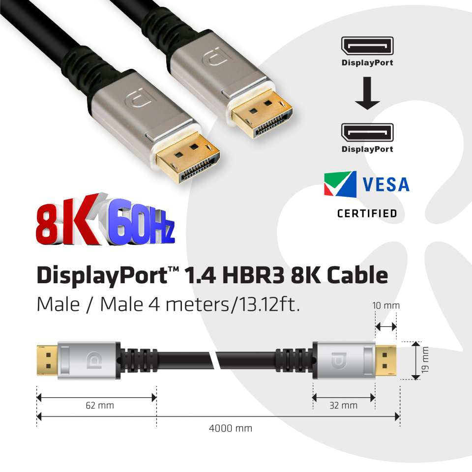 CLUB3D Club 3D DisplayPort Kabel DP 1.4 8K 60 Hz – 4 m – verriegelbar – Schwarz/Silber
