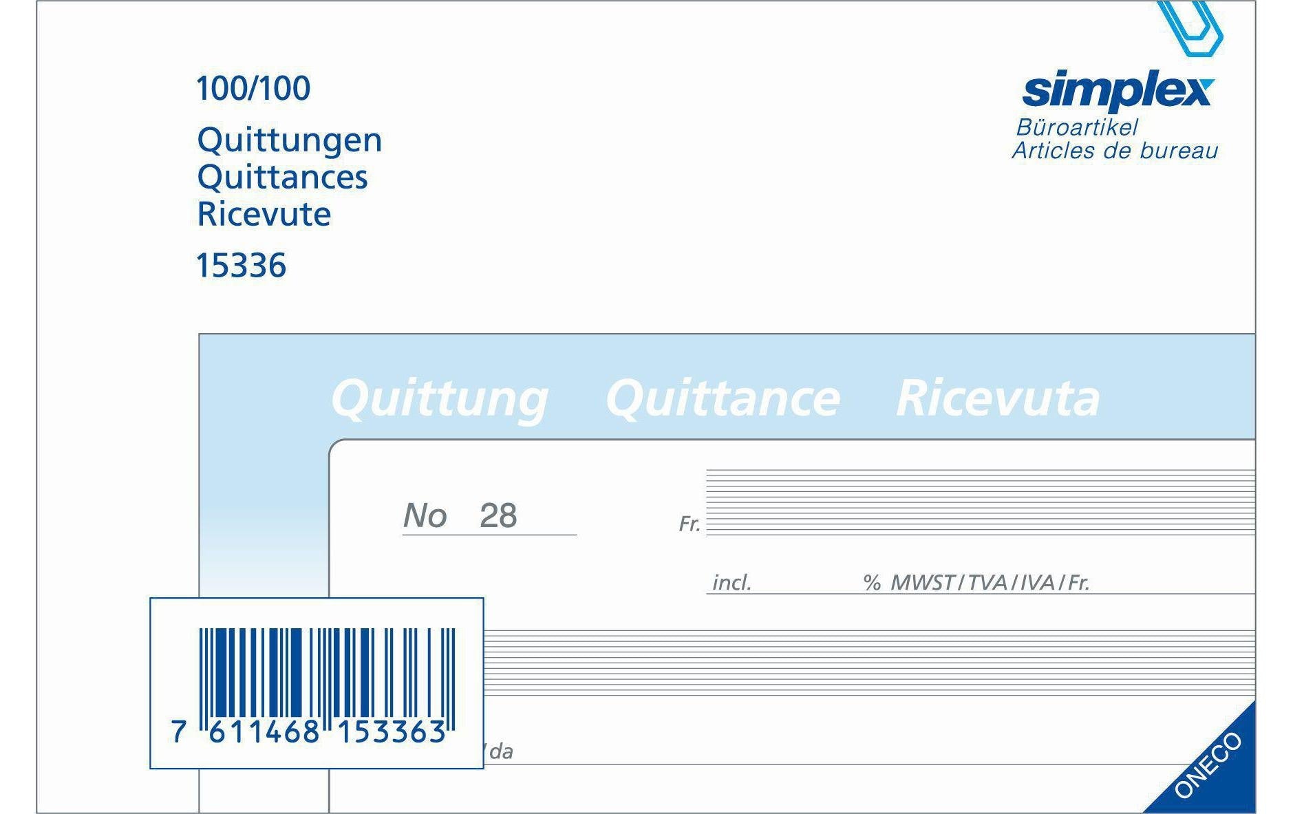 Simplex Formularblock – Quittungen, Deutsch, Französisch, Italienisch, 100 Blatt, A6