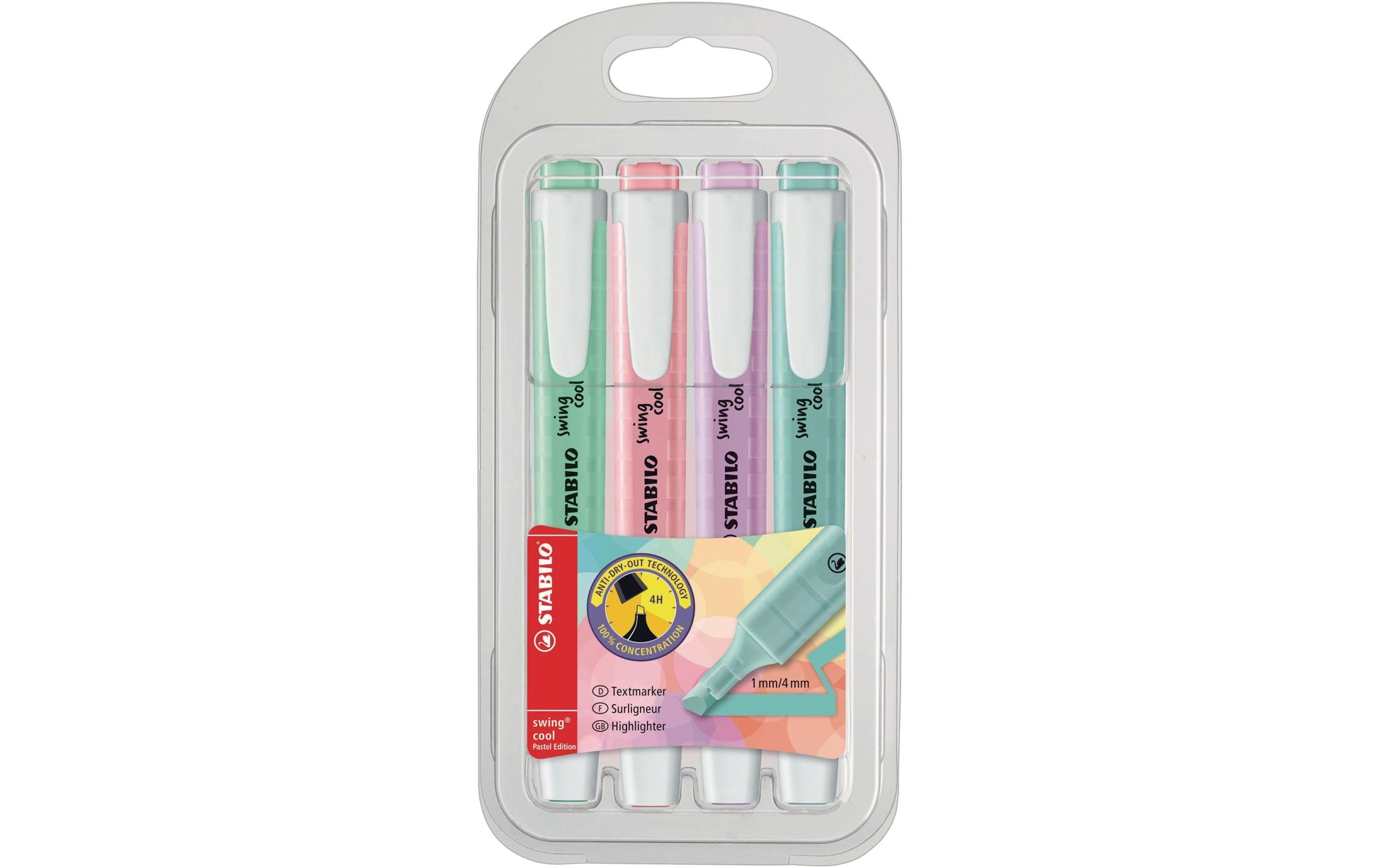 STABILO swing cool Pastel Edition Textmarker Set 4 Farben Pastell – Keilspitze, 1–4 mm