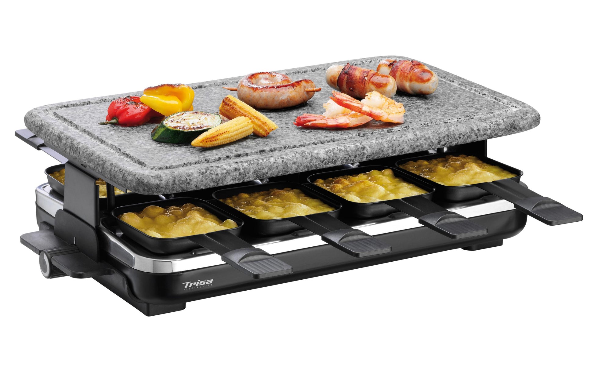 Trisa Electronics Trisa Raclette-Grill – 8 Personen, Hot Stone-Platte, 1500 W – Schwarz/Grau/Edelstahl