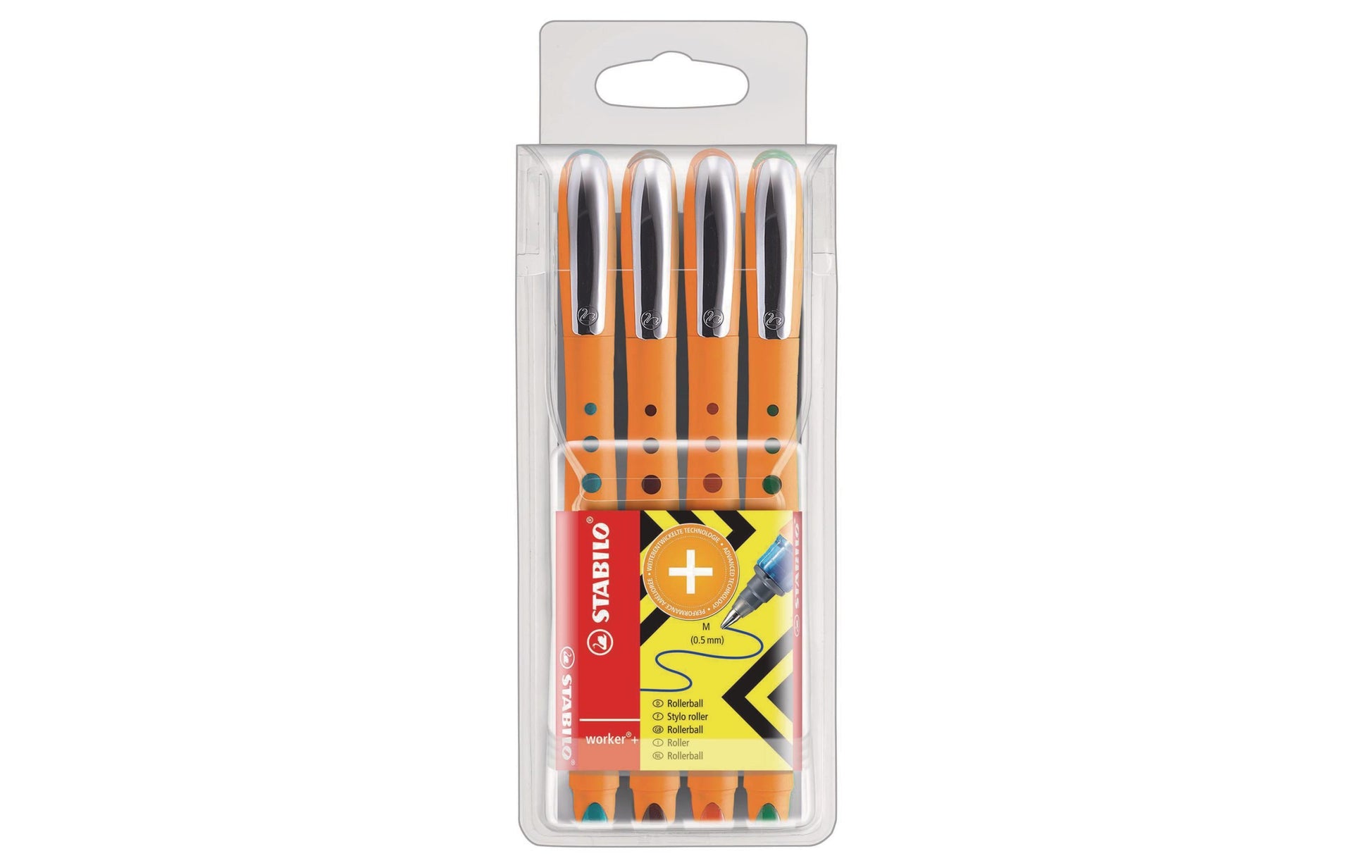 STABILO worker+ – Tintenroller-Set, mit Kappe, 0,5 mm, farbig sortiert, 4er Etui