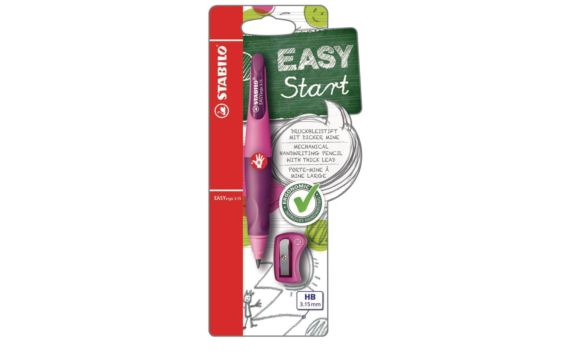 Stabilo EASYergo Start Druckbleistift – 3,15 mm, für Rechtshänder, Hellpink, inkl. Spitzer