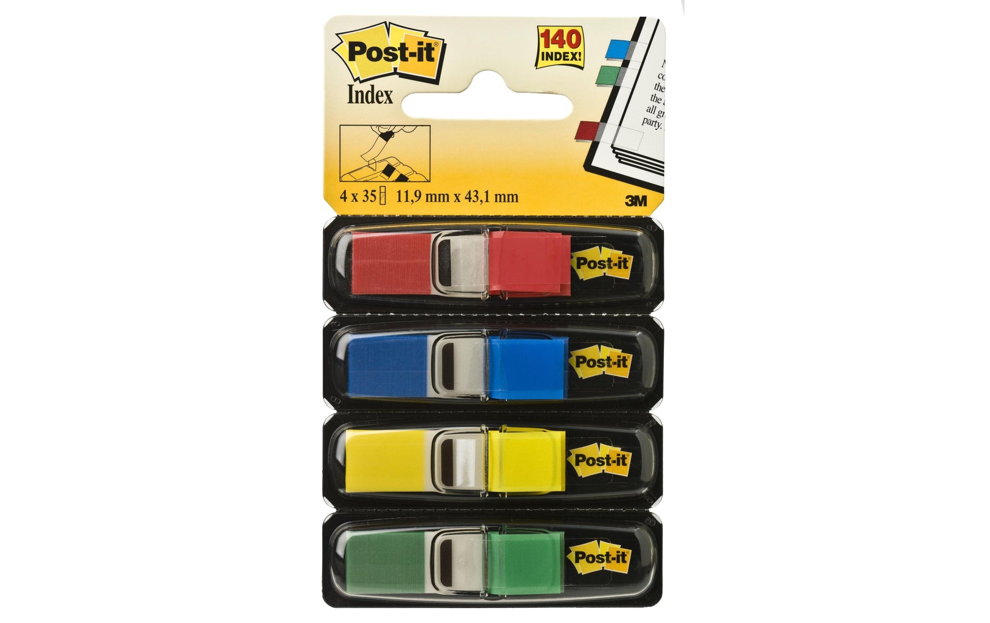 Post-it Indexstreifen – 11,9×43,2 mm – sortiert, 4×35 Stück, mit Dispenser