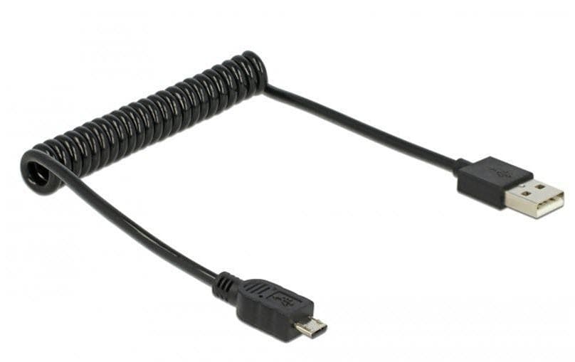 DeLOCK USB-Kabel – USB-A auf Micro-USB-B – USB 2.0 (480 Mbit/s) – 0,6 m – Spiralkabel – Schwarz