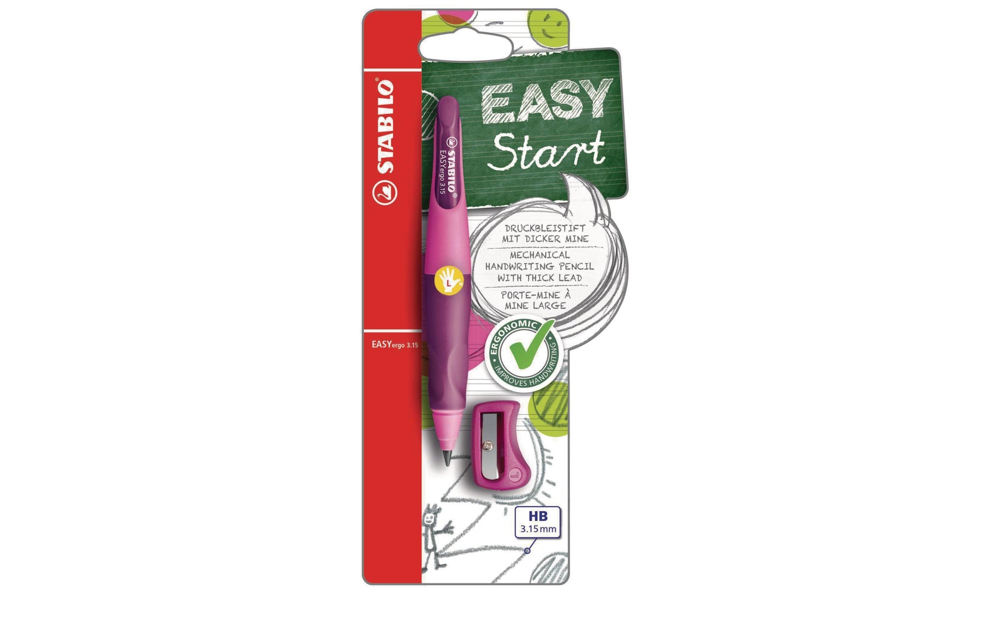 Stabilo EASYergo Start Druckbleistift – 3,15 mm, für Linkshänder, hellpink, inkl. Spitzer