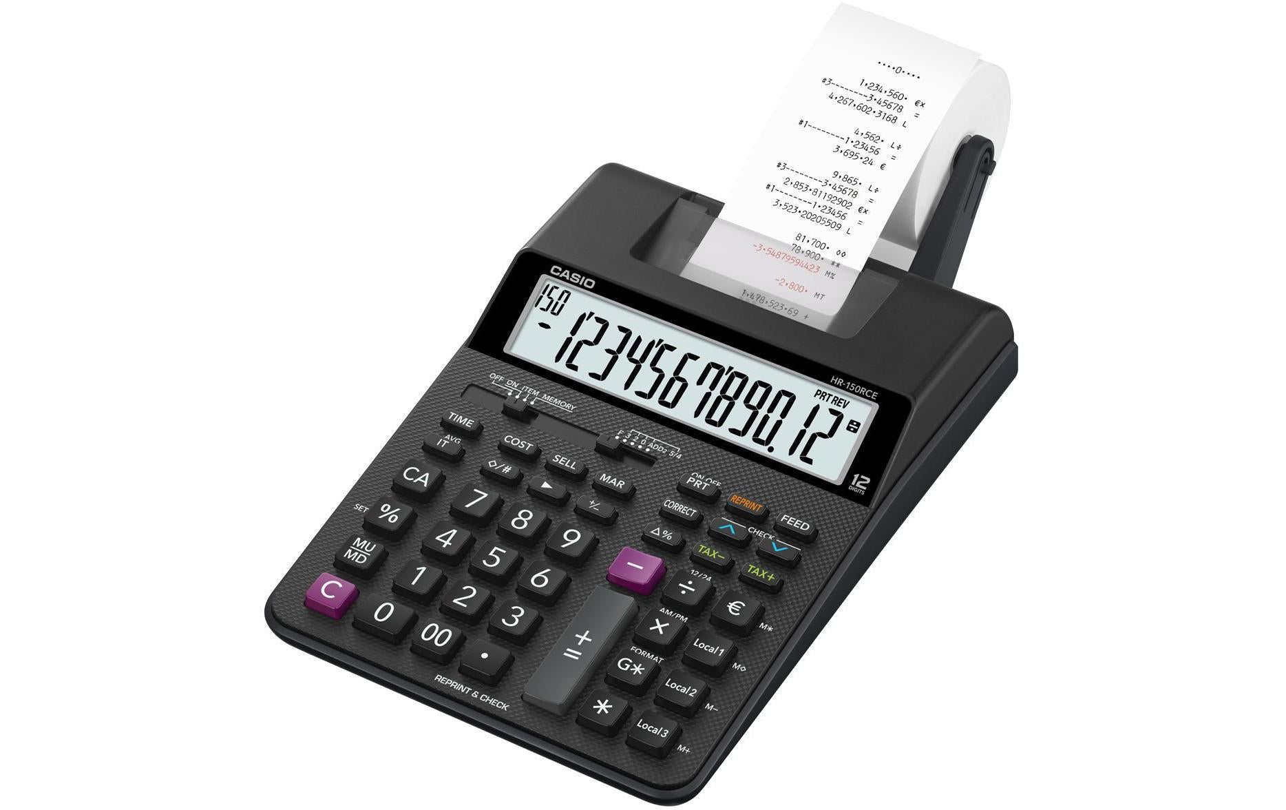 Casio Tischrechner, druckend HR-150RCE – 12-stellig, 2-farbig, 2 Zeilen/s, LCD, Steuer/Währung