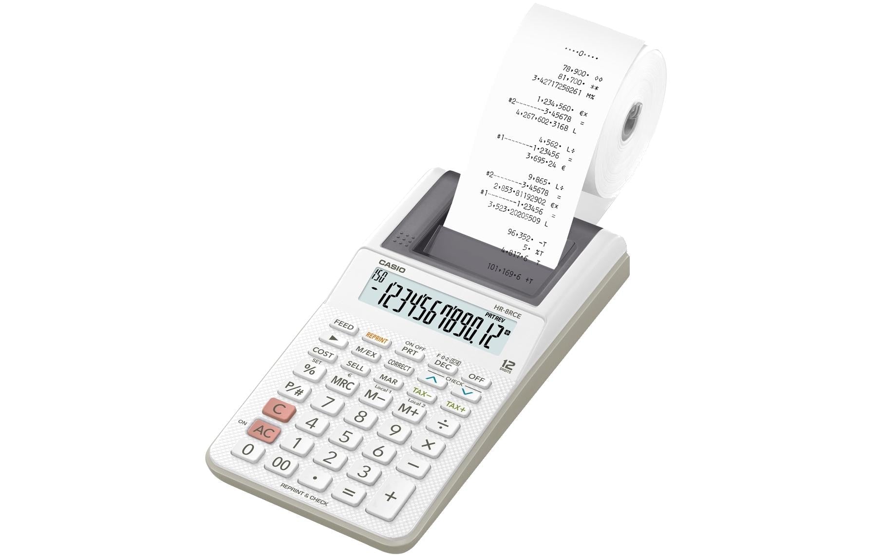 Casio Druckender Tischrechner HR-8RCE – 12-stellig – Batteriebetrieb – Weiss