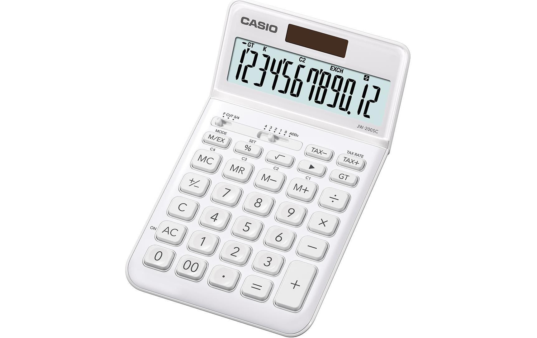 Casio Taschenrechner CS-JW-200SC-WE – 12-stellig, LCD, Steuer/Marge, Solar + Batterie, Weiss, 109×184×11 mm