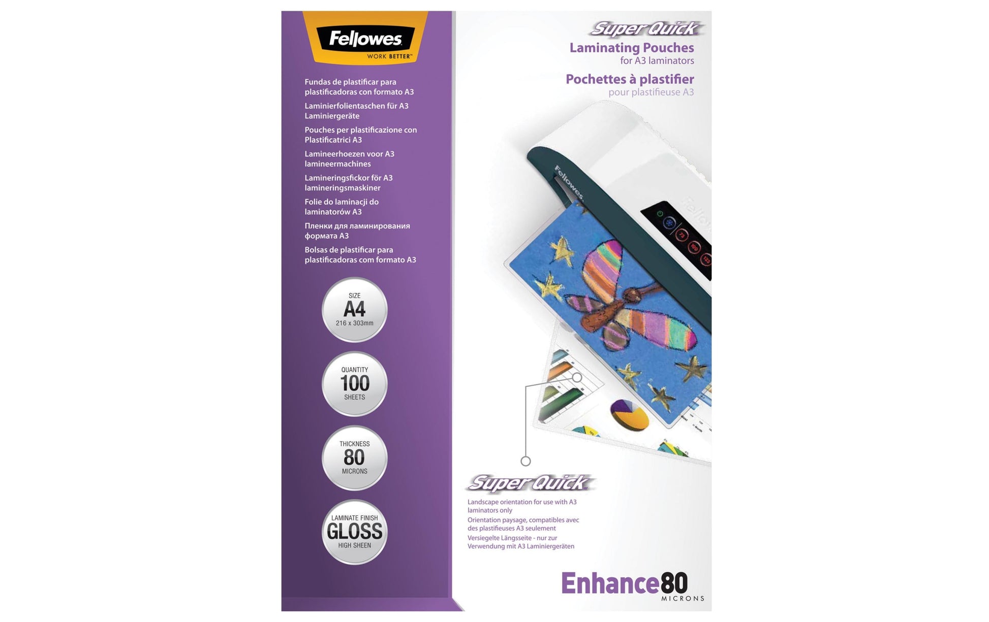 Fellowes Laminierfolien A4, glänzend – 80 µm, 216 × 303 mm, 100 Stk.