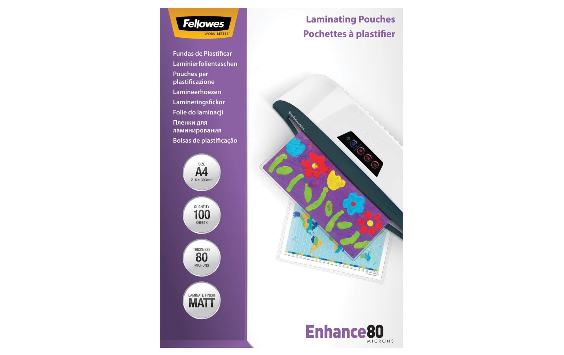 Fellowes Laminierfolien A4, matt – 80 µm, 216 × 303 mm, 100 Stk.