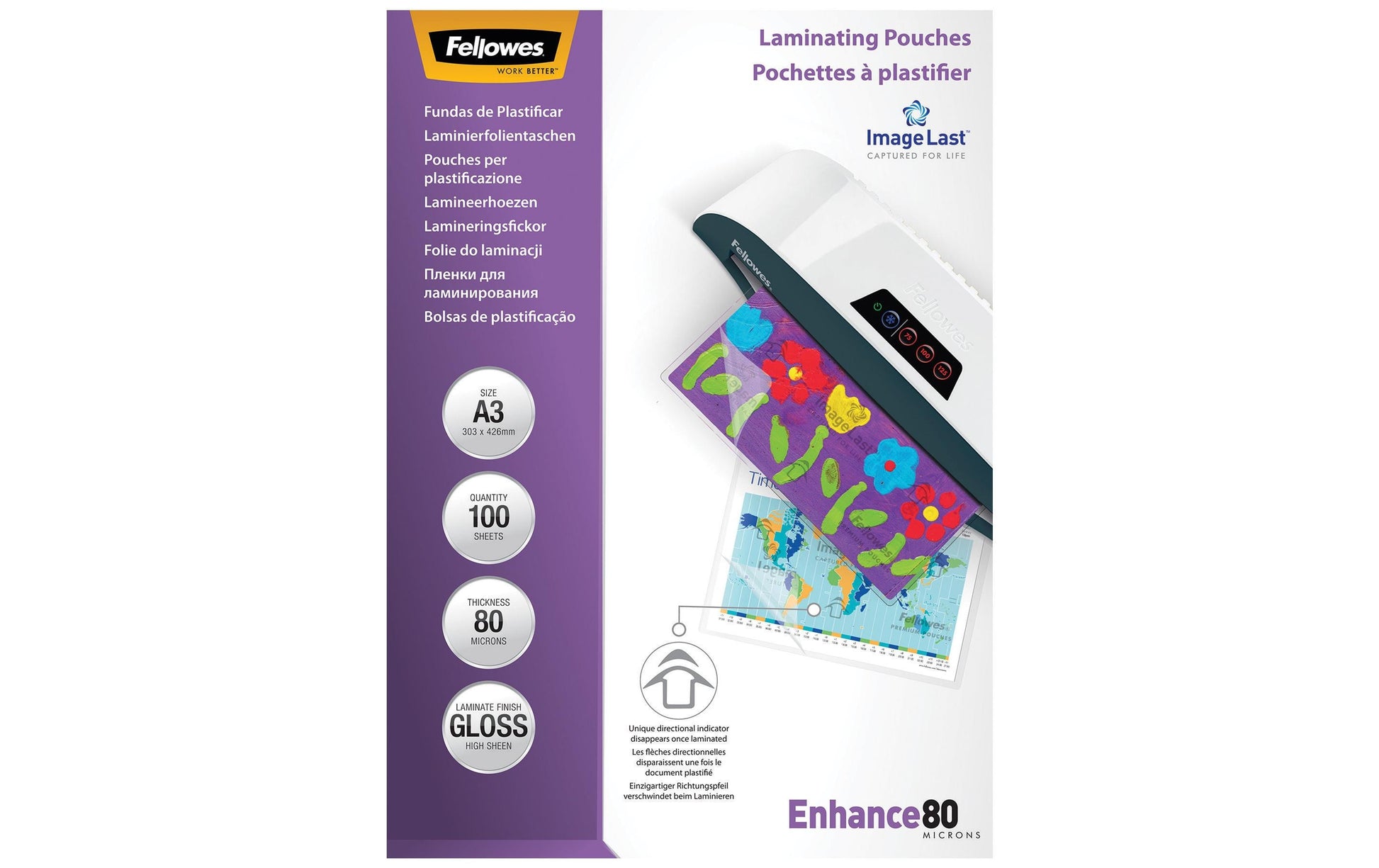Fellowes Laminierfolien A3, glänzend – 80 µm, 303 × 426 mm, 100 Stk.