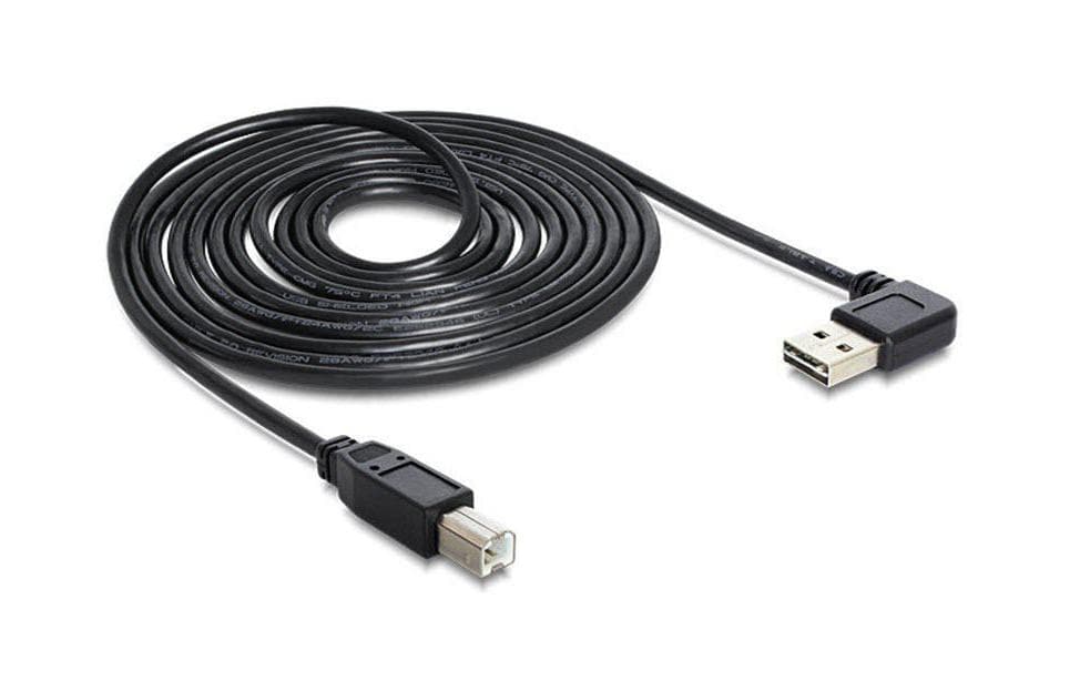 DeLOCK USB-A auf USB-B Kabel – USB 2.0 (480 Mbit/s) – 3 m – Abgewinkelt, Goldstecker – Schwarz