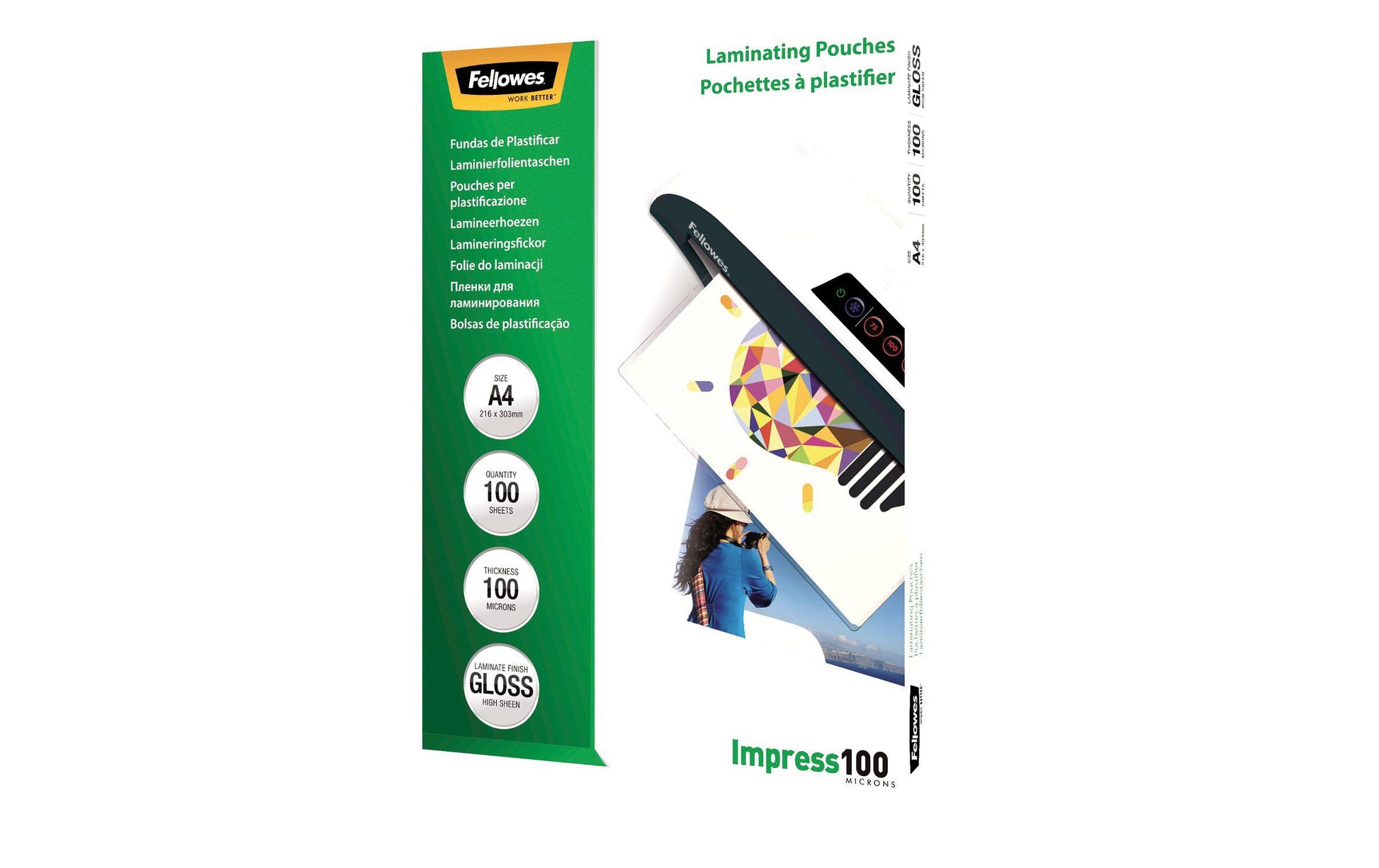 Fellowes Laminierfolien A4, glänzend – 100 µm, 216 × 303 mm, 100 Stk.