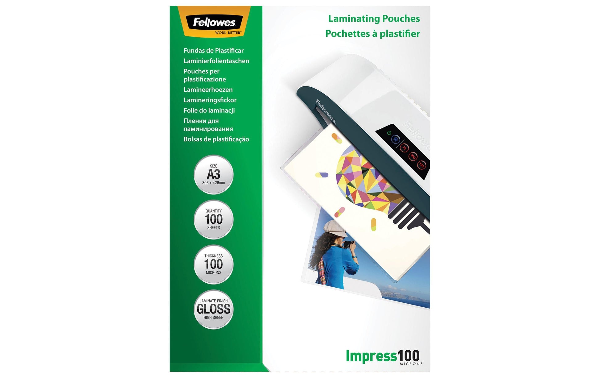 Fellowes Laminierfolien A3 glänzend – 100 µm, 303 × 426 mm, 100 Stk.