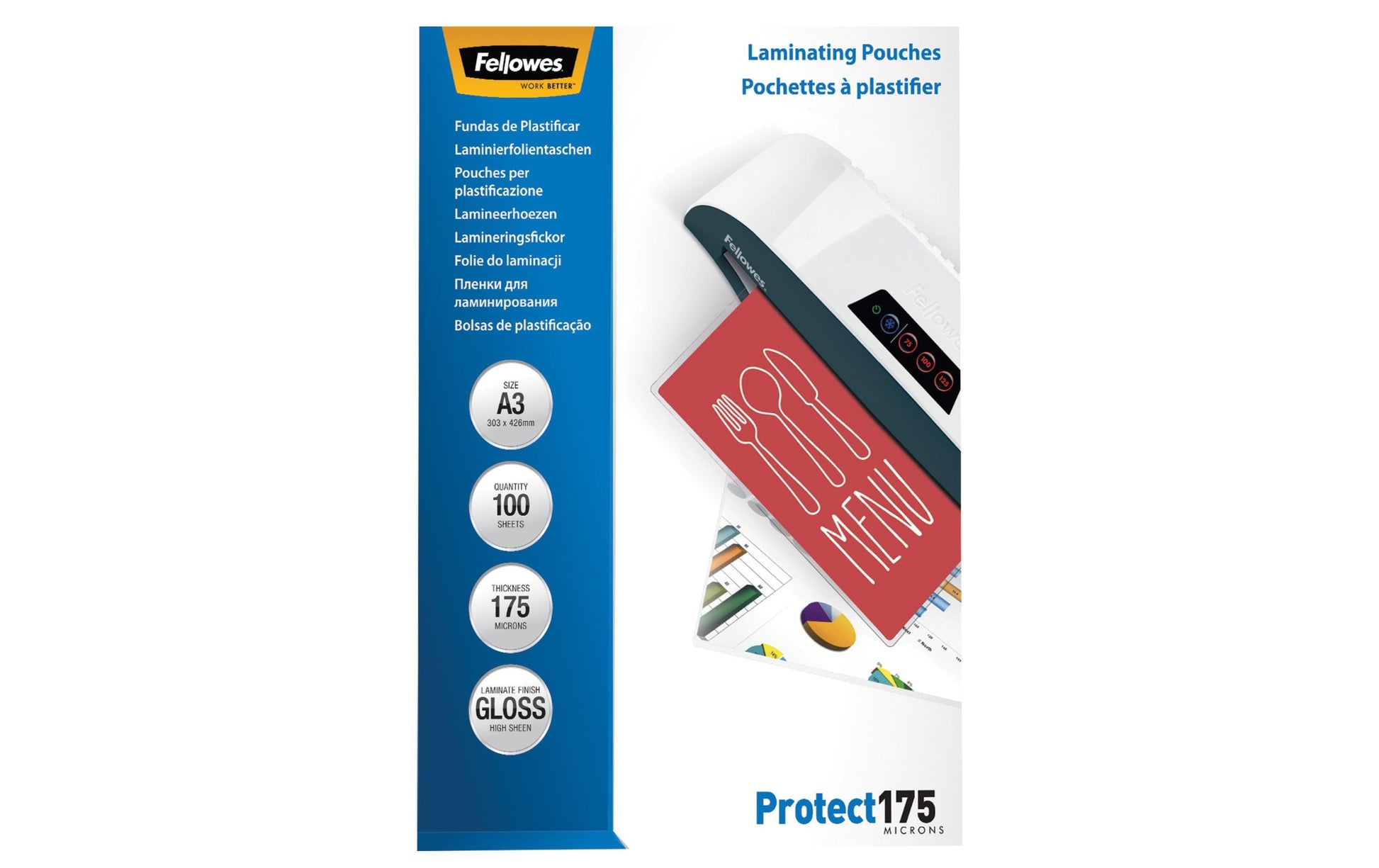 Fellowes Laminierfolien A3, glänzend – 175 µm, 303 × 426 mm, 100 Stk.