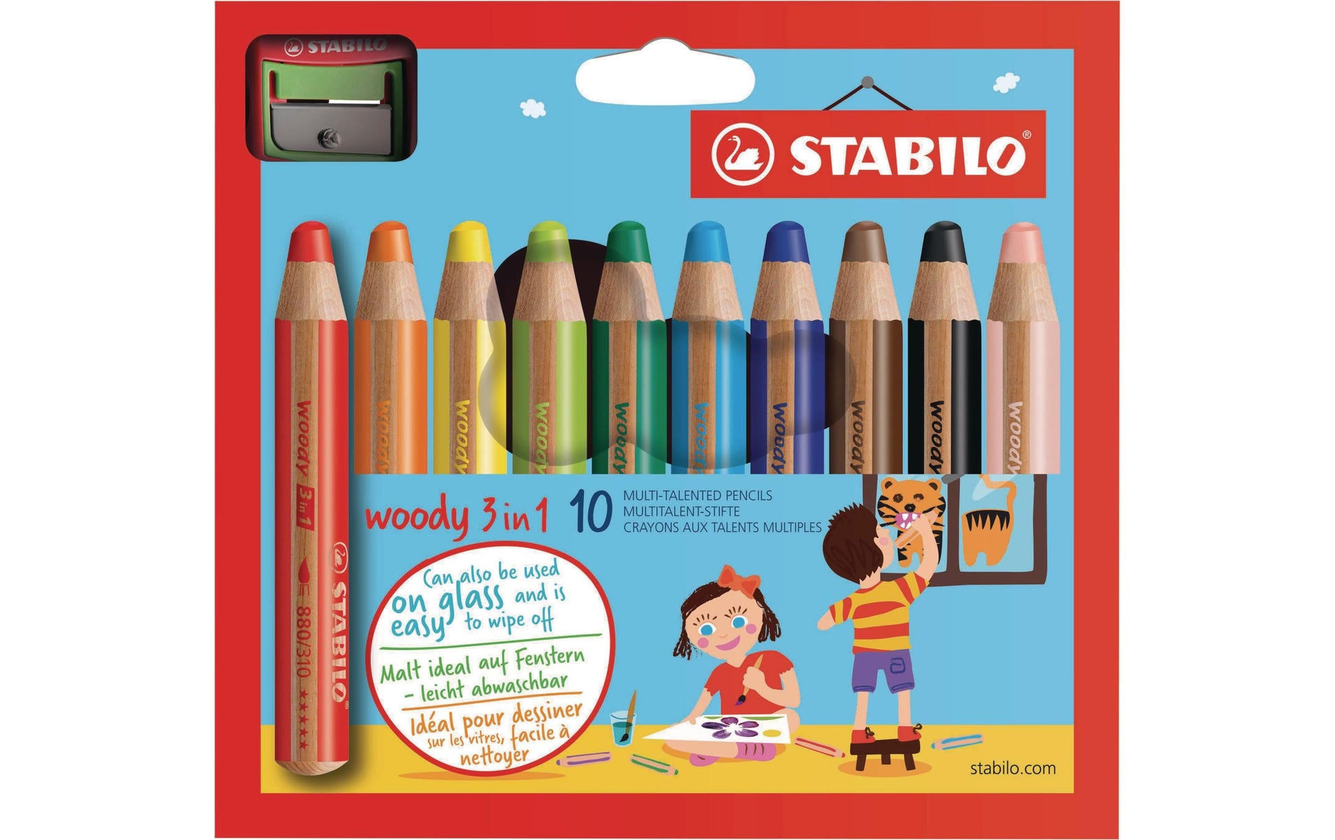 STABILO 3-in-1 Farbstifte woody – 10 Farben, im Kartonetui, mit Spitzer, Ø 4,2 mm, PEFC
