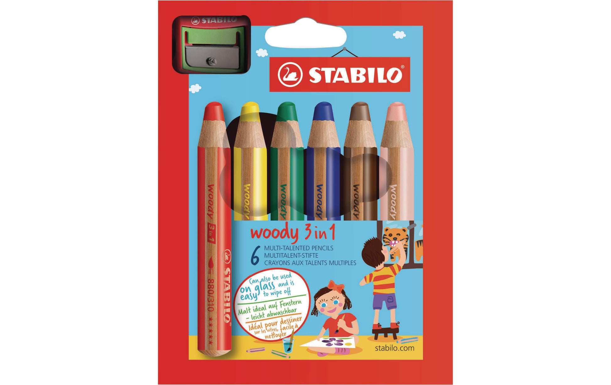 STABILO 3-in-1 Farbstifte woody – 6 Farben, im Kartonetui, mit Spitzer, Ø 4,2 mm, PEFC