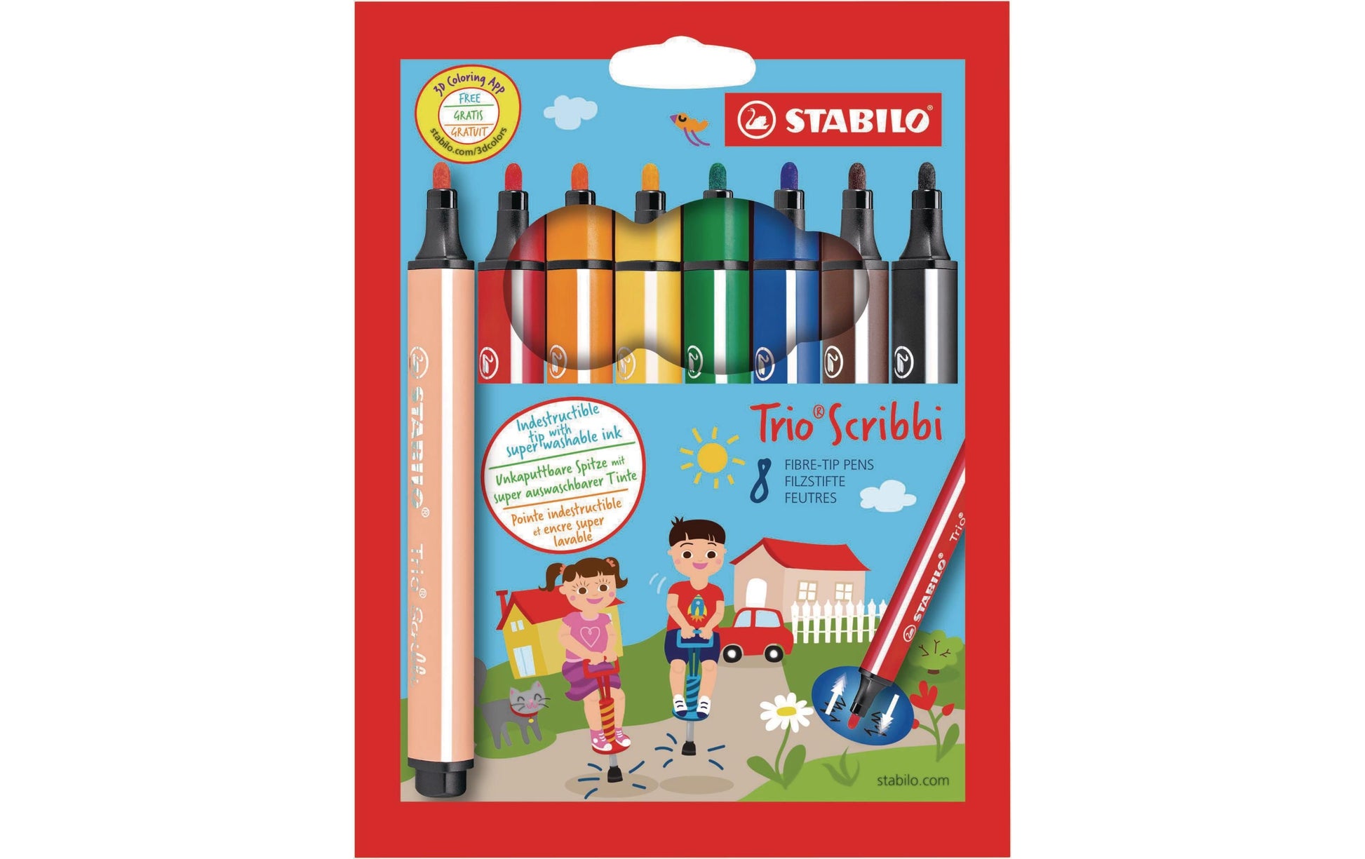 STABILO Filzstifte Trio Scribbi, Strichbreite 1,5–2 mm, auswaschbar, 8 Farben