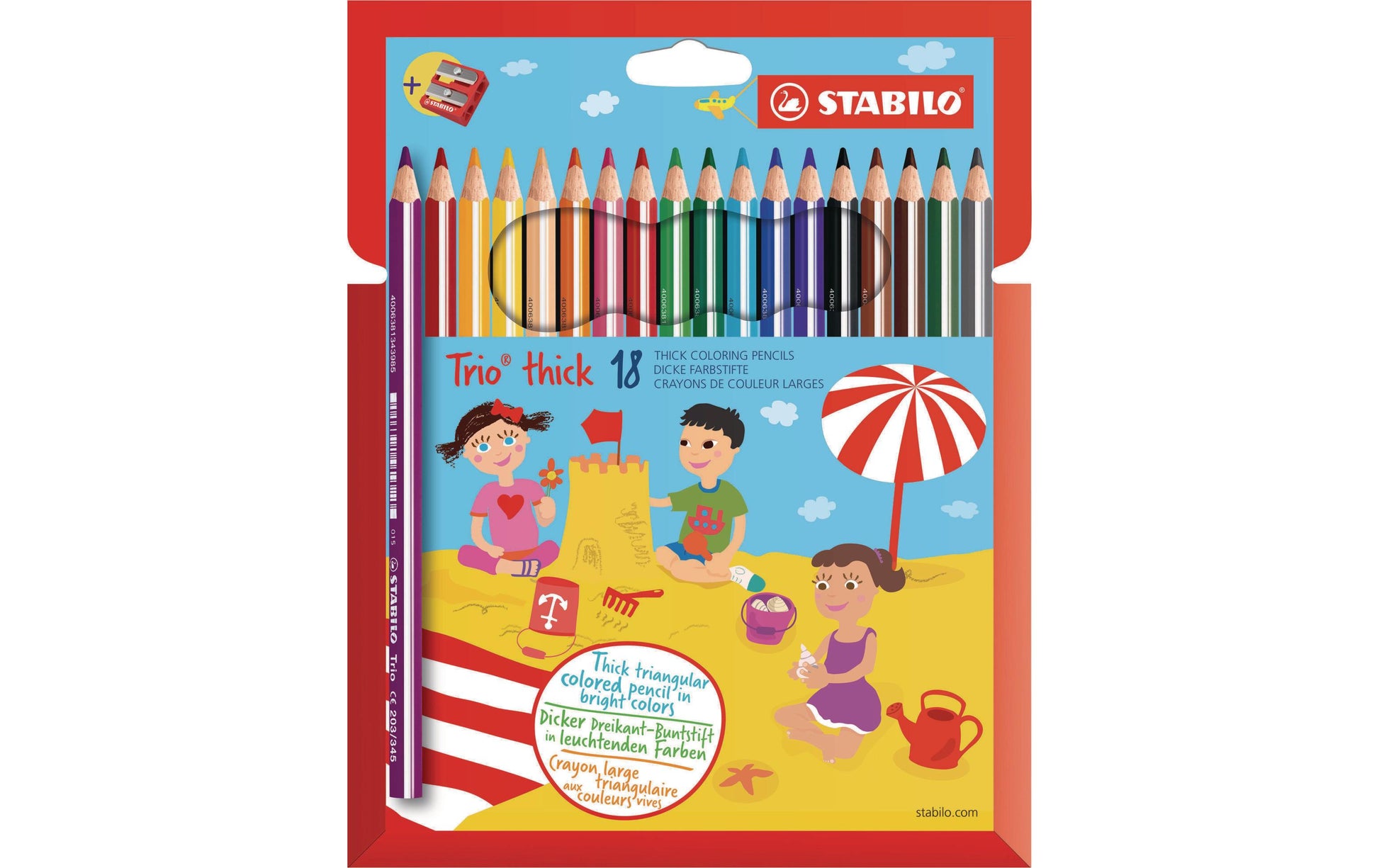 STABILO Buntstifte Trio – Pastell, Dreikant, Minen-Ø 4,2 mm, 18 Farben, in Kartonetui, mit Spitzer