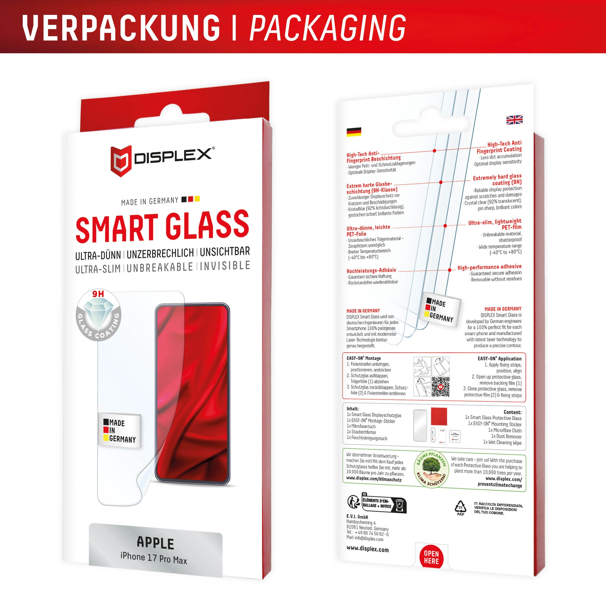 E.V.I. Displayschutz (Panzerglas), 9H – für iPhone 17 Pro Max