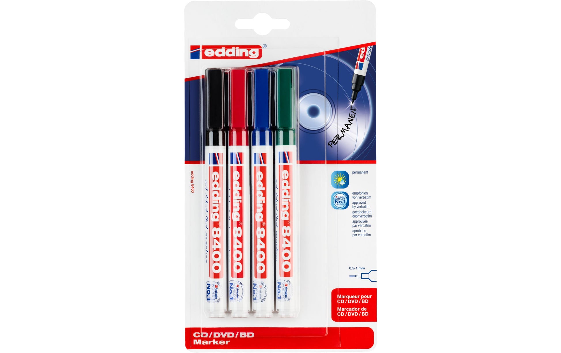 Edding CD/DVD/BD-Marker für CDs, DVDs und Blu-ray-Discs – rot, blau, grün, schwarz, 4er Pack