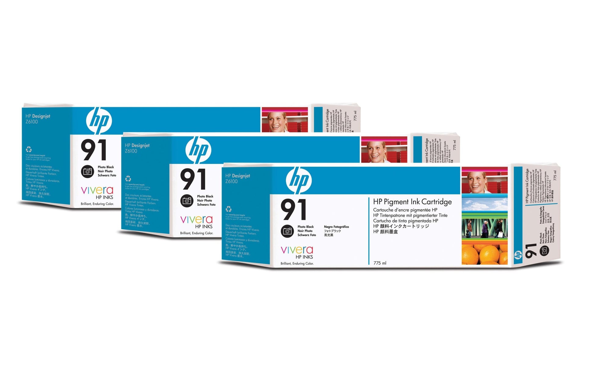 HP Tintenpatronen-Multipack 91 (C9481A), Foto Schwarz, 3er-Pack, Original – für Designjet Z 6100