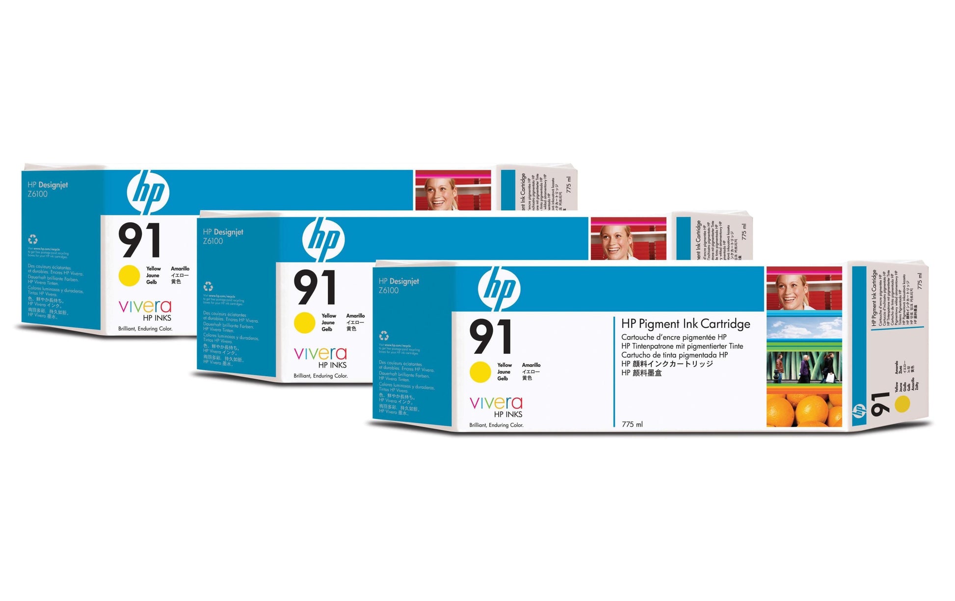 HP Tintenpatronen-Multipack Nr. 91 (C9485A), Gelb, 3er-Pack, Original – für Designjet Z 6100