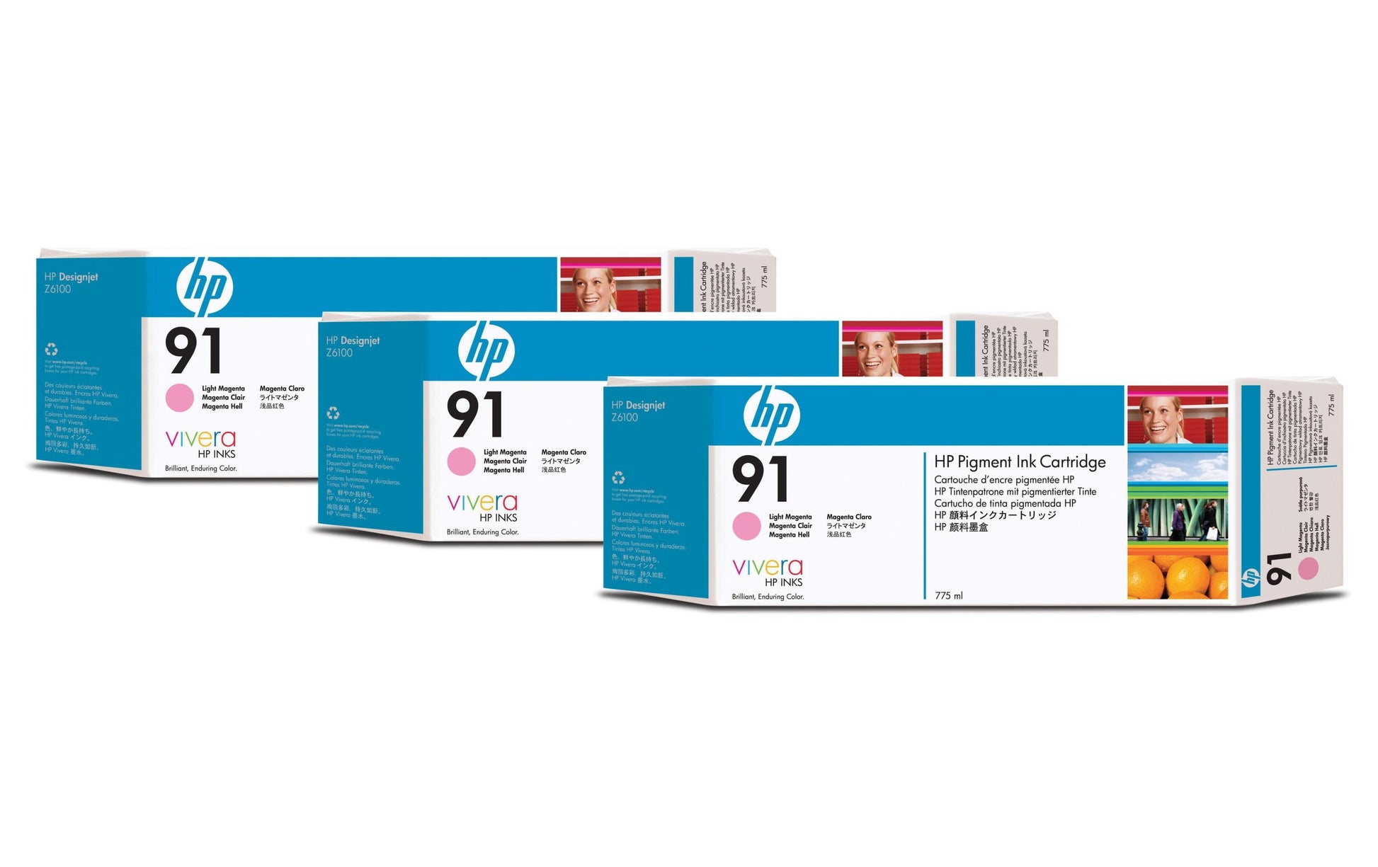 HP Tintenpatronen-Multipack 91 (C9487A), Magenta, 3er-Pack, Original – für Designjet Z 6100