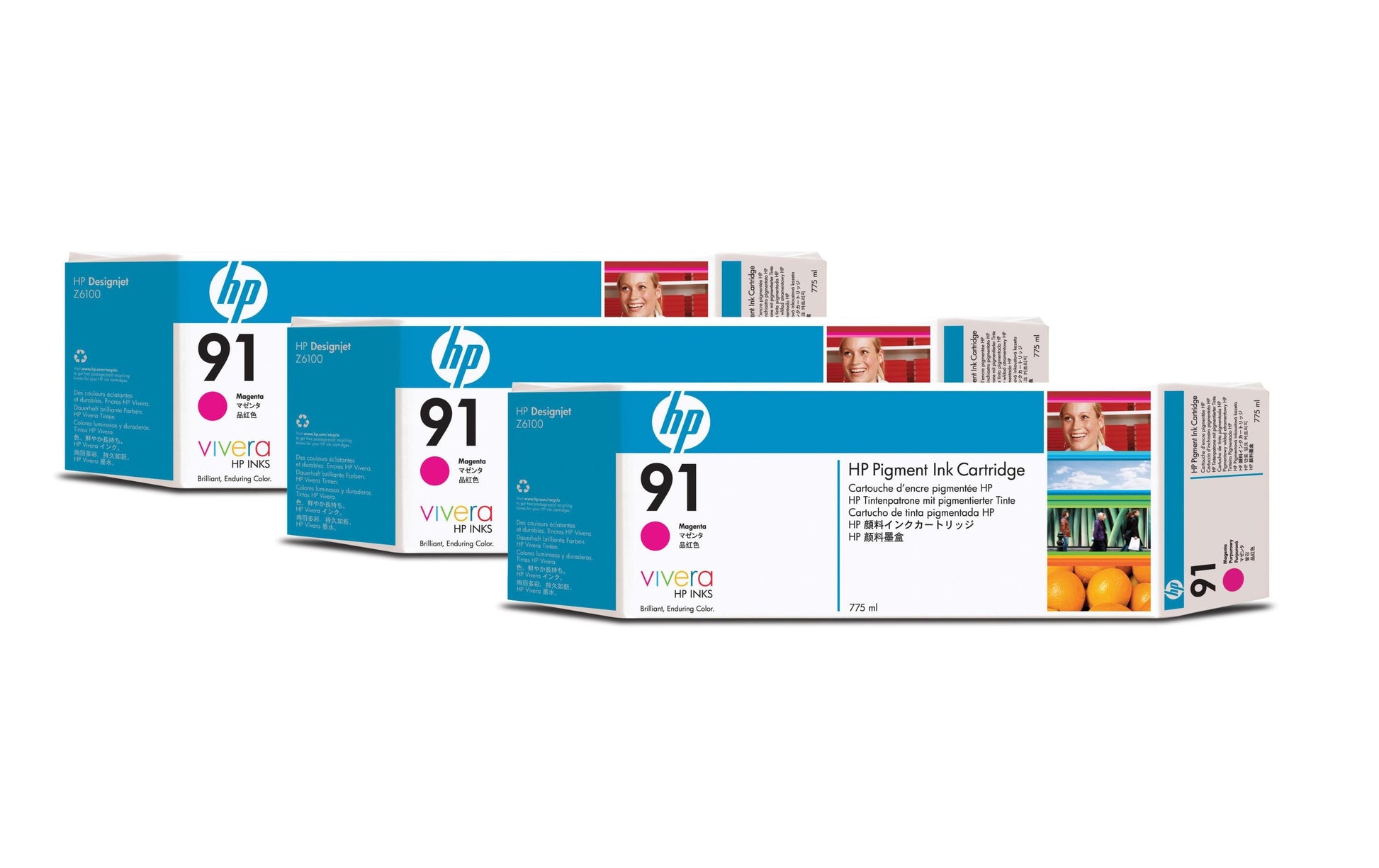 HP Tintenpatronen-Multipack 91 (C9484A), Magenta, 3er-Pack, Original – für Designjet Z 6100 PS
