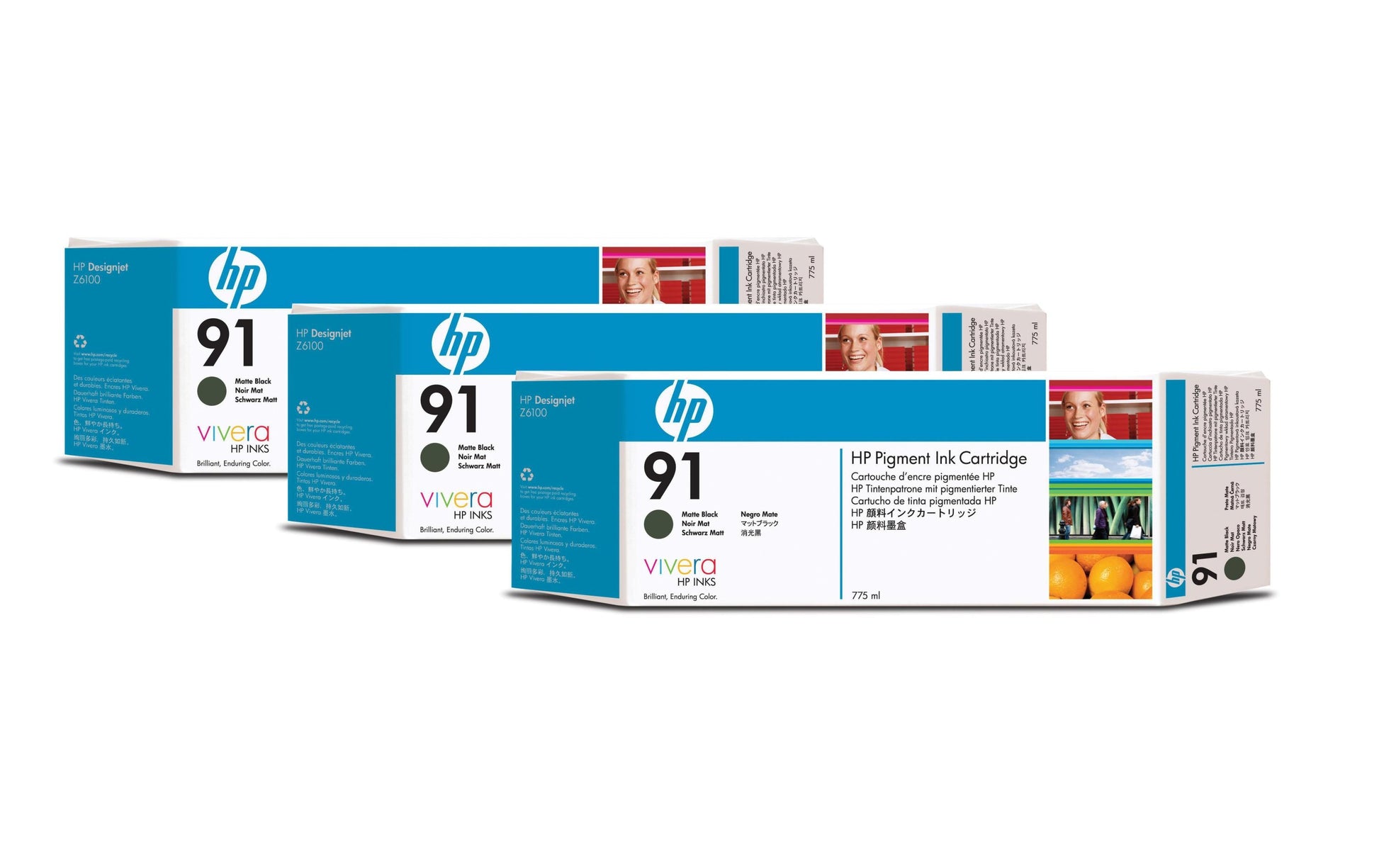 HP Tintenpatronen-Multipack 91 (C9480A), Schwarz, 3er-Pack, Original – für Designjet Z 6100