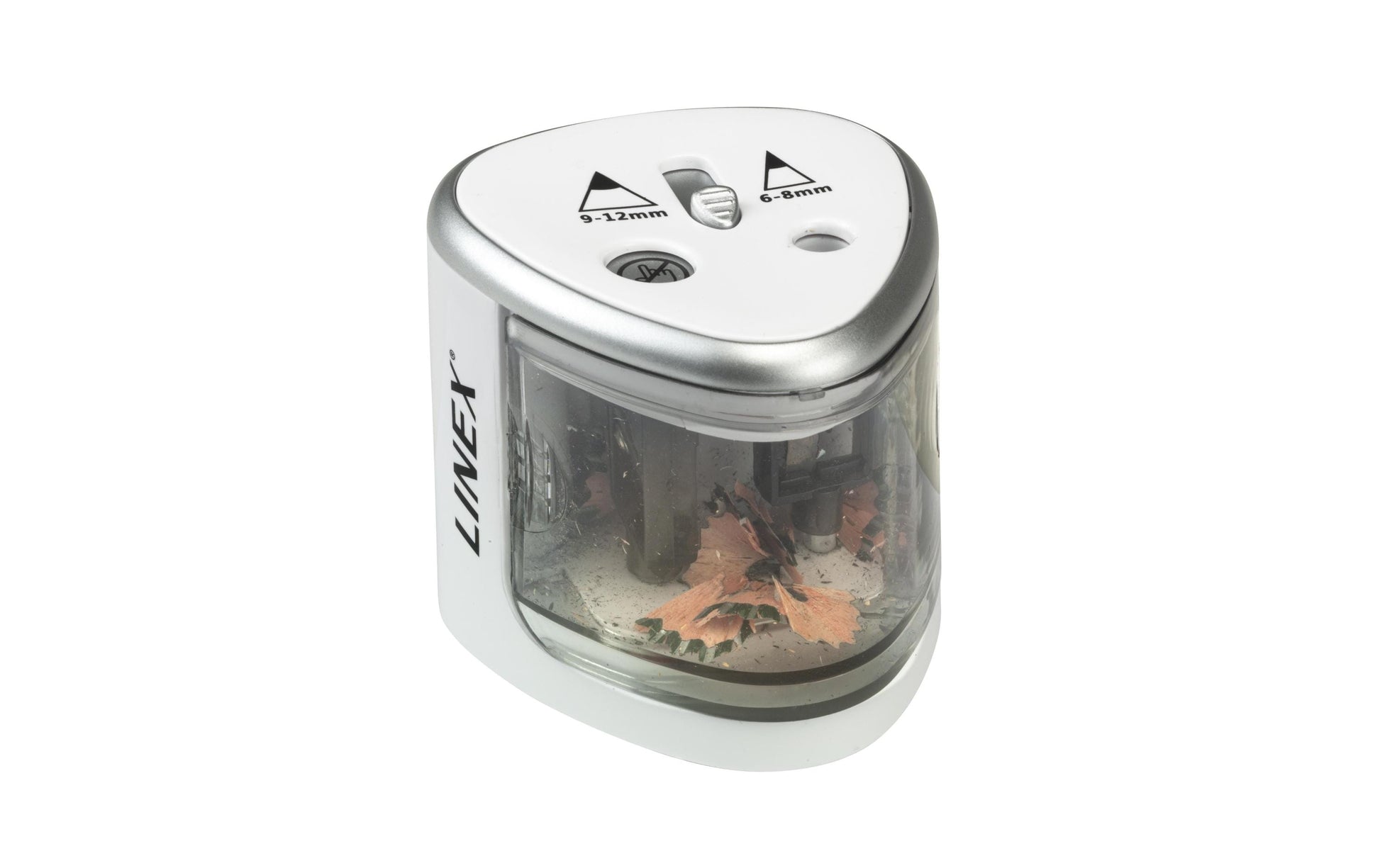 Linex Spitzer – elektrisch, batteriebetrieben, mit Behälter, für Blei- & Buntstifte 6–12 mm, Kunststoff, weiss