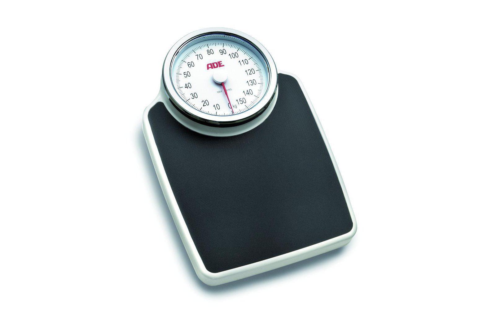 ADE Universalwaage Clinica – Tragkraft 160 kg, Teilung 1000 g, Wiegefläche 82,55 × 48 cm, Kunststoff, Schwarz