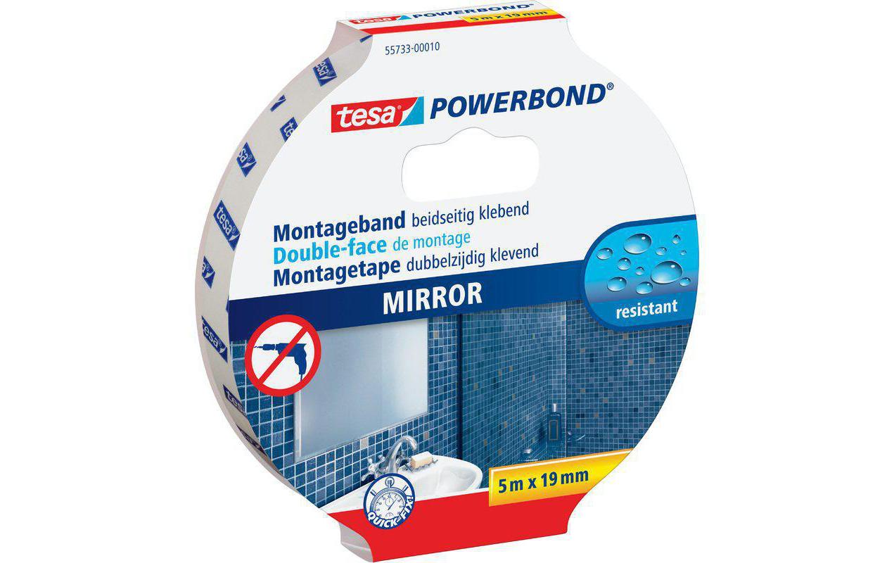 Tesa Powerbond Montageband, extra stark, für Spiegel – 19 mm × 5 m, weiss, bis 5 kg/10 cm