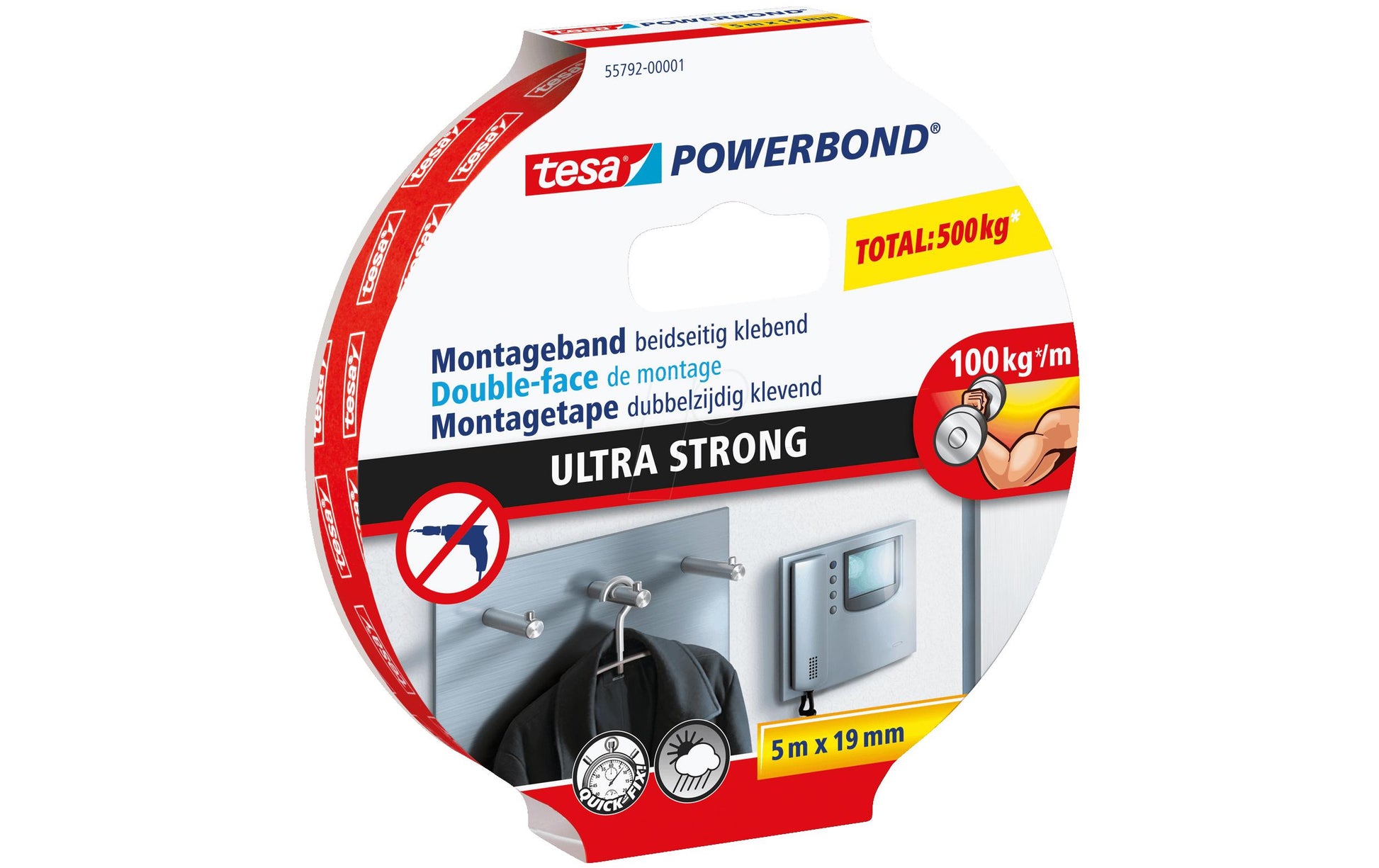 Tesa Montageband Ultra Strong, für Innen- & Aussenanwendungen – 19 mm × 5 m, weiss, bis 10 kg/10 cm